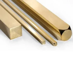 Assorted brass square rods, rectangular rods, round rods, and hexagonal rods shapes on a white background.